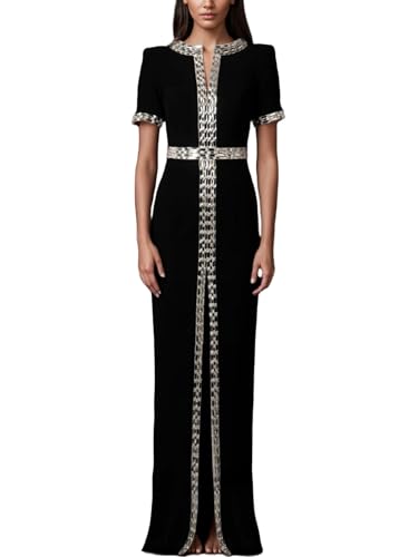 platlogy Women's Celebrity Maxi Long Bandage Dress Sexy Split Diamonds Beaded 2025 Elegant Ladies Evening Club Party Dresses Prom Gowns Black