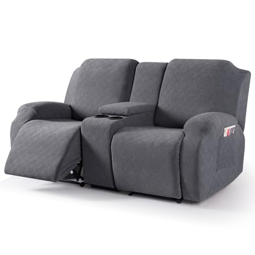 VANSOFY Recliner Loveseat Cover with Middle Console Stretch Reclining Sofa Slipcover for 2 Seat Jacquard Reclining Couch Sofa Covers Furniture Protector with Elastic Straps Bottom (Dark Gray)