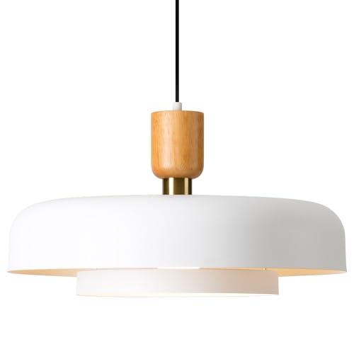 Modern Large Pendant Light 19.68 inch, 2 Tiers Matte White Shade, Natural Wood and Brass Accent, Mid Century Chandelier for Kitchen Island, Dining Room, Living Room