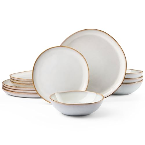 HaWare 12-Piece Dinnerware Sets, Stoneware Plates and Bowls Set for 4, Ceramic Dish Set, Dinner Set for Home Restaurant, Chip and Crack Resistant, Microwave and Dishwasher Safe, Reactive Pearl White