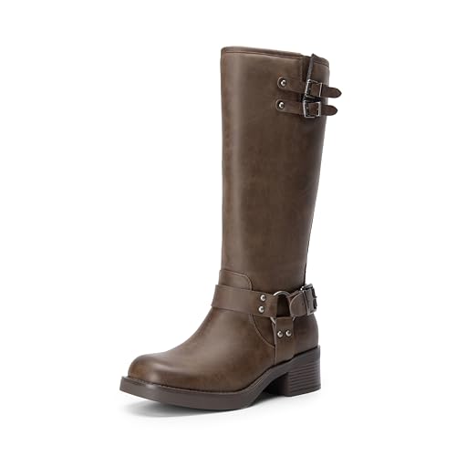 DREAM PAIRS Women's Knee High Boots Side Zipper Motorcycle Boots Square Toe Chunky Low Heel Fashion Buckles Biker Riding Boots,Size 8,BROWN-NUBUCK,SDKB2412W