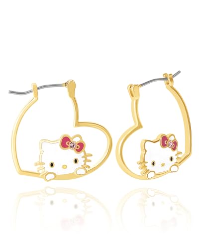 Sanrio Womens Hello Kitty Earrings, Yellow Flash Plated Hello Kitty Heart Hoop Crystal Earrings Official License