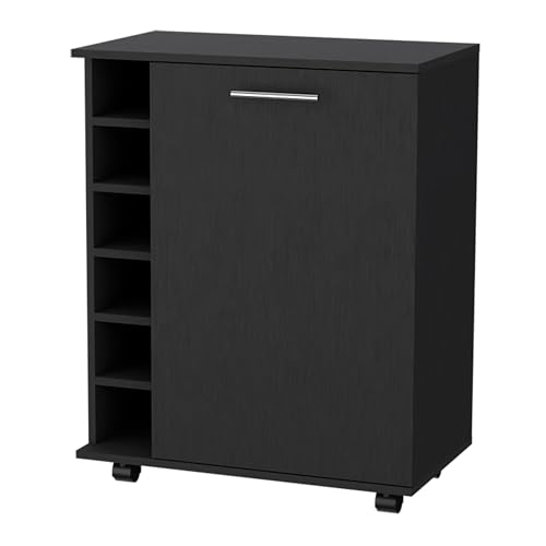 arsehhwe Maximize Storage with Black 6-Bottle Rack Bar Cart, Stylish Inner Shelf and Top Surface, Smooth Mobility with Casters