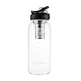 Glass Water Bottles with Stainless Tea Infuser 32oz, BPA-Free, Wide Mouth, Leakproof, Protective Sleeve, Borosilicate Glass for Tea and Fruit Infusions, Durable Travel Companion, Reusable Bottle