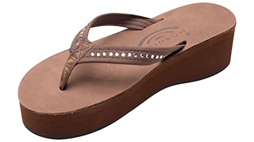 Rainbow Sandals Women's Six Layer Leather Wedge - 3/4" Strap w/Swarovski® Crystals (Ladies Medium / 6.5-7.5 B(M) US, Expresso)
