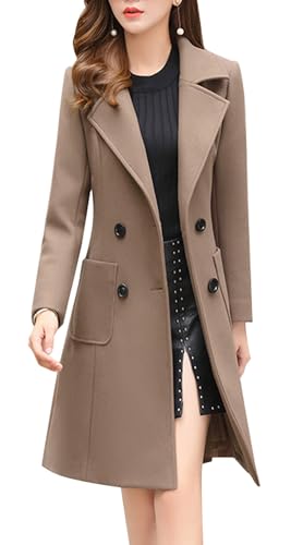 chouyatou Women Elegant Notched Collar Double Breasted Wool Blend Over Coat (Medium, Khaki)