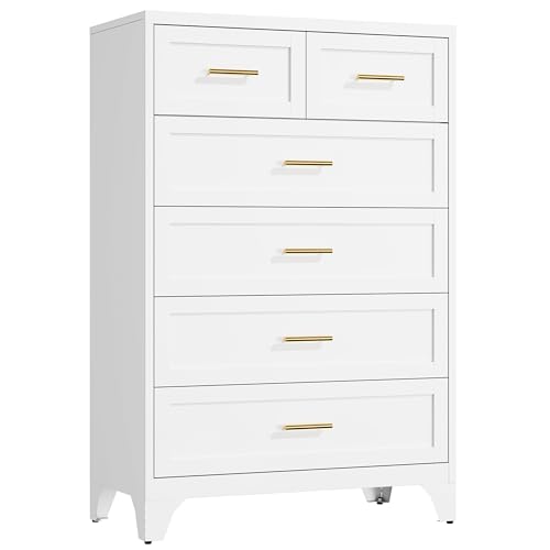 InaryLof White Dresser for Bedroom with 6 Drawers Chest, Metal Modern Clothes Drawer, Tall Dresser for Girls Room,Living Room,Hallway,Closet (White)