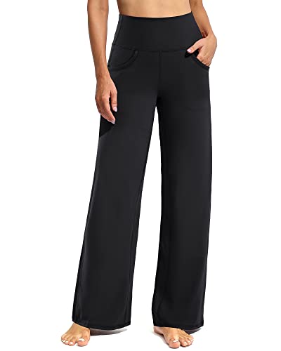 Promover Wide Leg Pants Woman Yoga Pants with Pockets Loose Stretch Casual Lounge Sweatpants Women Fashion Clothing(Black,L,30")