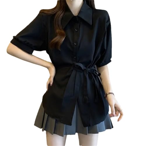 Office Lady Fashion Shirts Women's Solid Color Basic Summer Short Sleeve Korean Lapel Asymmetrical Blouse Black