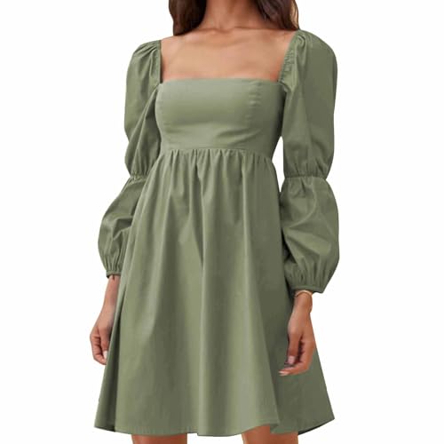 EXLURA Womens 2025 Square Neck Dress Long Puff Sleeve A-Line Casual Short Mini Dresses Green