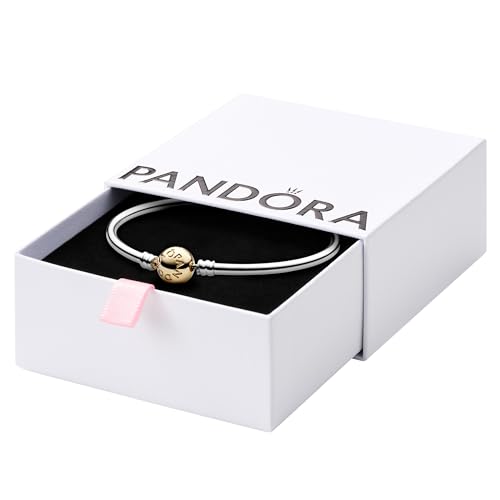 PANDORA Moments Two-Tone Ball Clasp Bangle - Bracelet for Women - Compatible Moments Charms - Features 14k Gold & Sterling Silver - Gift for Her - 7.5", With Gift Box