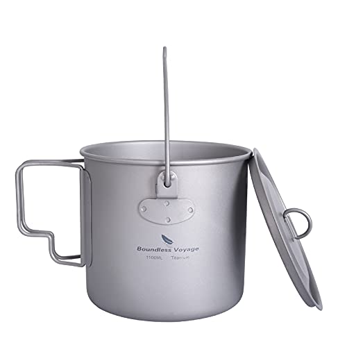 iBasingo 1100ml Titanium Mug Camping Cup Tea Coffee Water Pot with Lid Ultralight Outdoor Travel Tableware with Foldable Handle Picnic Backpacking Trekking Portable Drinkware Survival Gear Ti3041D