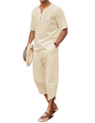 COOFANDY Men's 2 Pieces Linen Set Short Sleeve Henley Shirts Casual Beach Pants With Pockets Summer Yoga Outfits