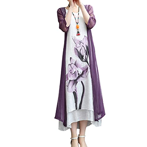Honwenle Women's Linen Dress 2 Piece Outfit Floral Sleeveless Plus Size Maxi Summer Dressy Dresses with Chiffon Jacket for Wedding Guest Formal Casual Mother of The Bride Purple