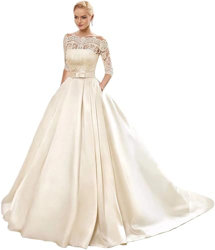 Simple A Line Satin Wedding Dresses with Sleeve A Line Ball Gown A Line Sweep Train Bridal Dress with Jacket Ivory Us16