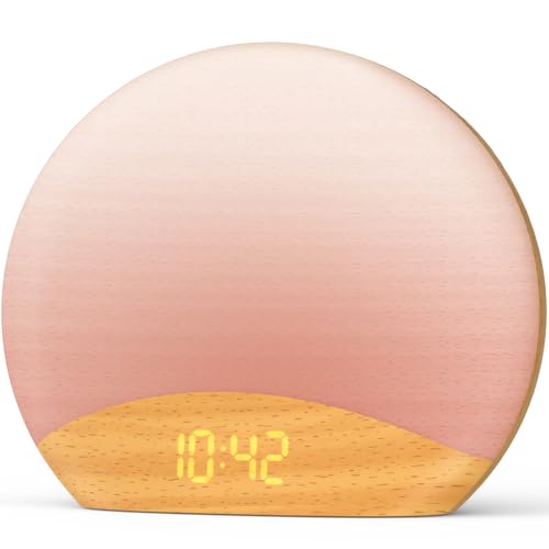 HOUSBAY Wood Grain Sunrise Alarm Clock- Natural Wake Up Light, FM Radio, Bluetooth Speaker, Dimmable Nightlight & Display- Soothing Morning Routines