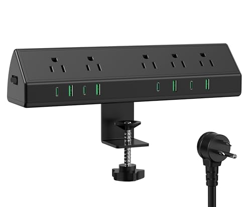45W Fast Charging Station,Desk Clamp Power Strip,4 PD USB-C Ports,5 AC Outlets,ETL Listed Surge Protector Power Strip, 14AWG Heavy Duty Cord, Fits 1.9" Tabletop Edge (Black, 6 FT Cable)