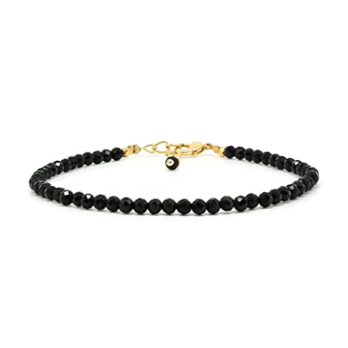 Gempires Natural Black Tourmaline Beads Bracelet, Minimalist Birthstone Jewelry, Handmade 7+1 Inch Adjustable 14K Yellow Gold Plated Chain, Healing Crystal Jewelry, Gift for Her (Black Tourmaline)