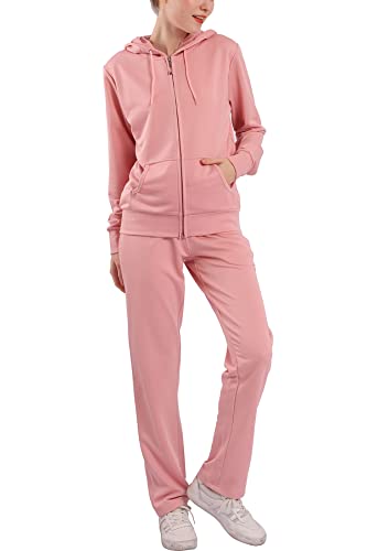 Sweatsuits for Women 2 PCS Outfits Sweat Suits Jogging Tracksuit Full Zip-up Hooded Solid Sweatshirts & Pants Set (Pink, M)