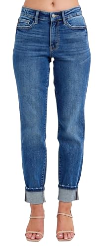 Judy Blue Women's Mid-Rise Vintage Wash Cuffed Boyfriend Jeans (Dark Blue, 16W)