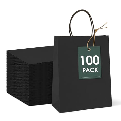GSSUSA 100 Pack, 8x4.25x10 Black Paper Gift Bags with Handles Bulk for Small Businesses, Grocery & Retail, Birthday Parties, Crafts