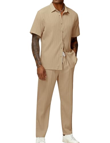 LecGee Men's Vacation Casual Shirts Outfits 2pc Summer Shirt Sets With Long Pants For Men Outdoors Suit