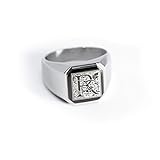 Tioneer Jewelry | Stainless Steel Letter Alphabet Initial Ring | Square Flat Top Ring for Men & Women | Stainless Steel Jewelry, Silver - Letter R, Size 7