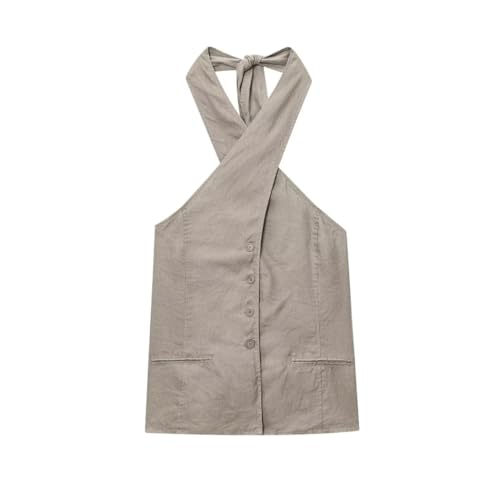 Women's TRAF Summer Linen Halter Neck Vest Herringbone Midi Skirt Suit Set European American