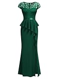 MISSMAY Women's Elegant Floral Lace Ruffle Split Cocktail Party Long Dress (Large, Dark Green)