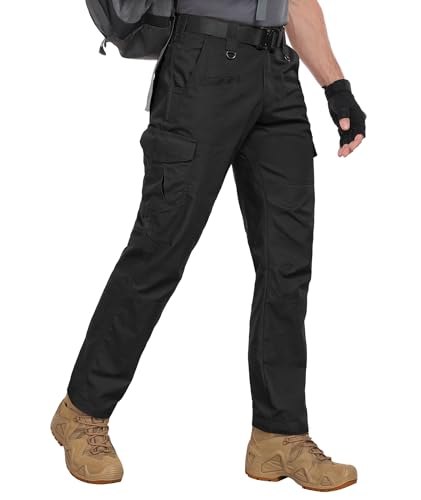 Zoofly Cargo Work Pants for Men Elastic Waist Waterproof Mens Tactical Pants with Pockets Outdoor Hiking Pants Ripstop Black 34W*30L