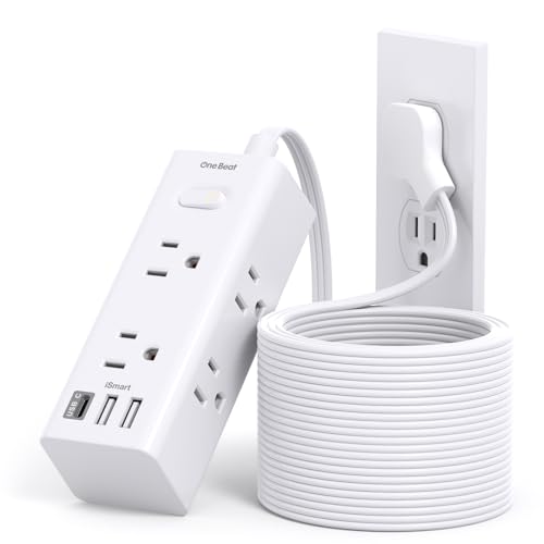 20Ft Extension Cord with Multiple Outlets, Flat Plug Power Strip Surge Protector with 20 Ft Long Cord, 6 Outlet 3 USB Ports (1 USB C), Multi Outlet Wall Plug for Travel, College, Dorm Room Essentials