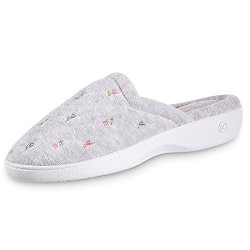 isotoner Women's Clog House Shoes Slipper, Heather Grey Flower Scalloped, 7.5-8