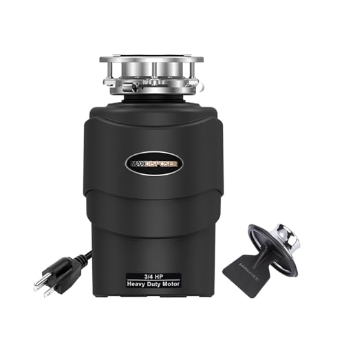 MAX DISPOSER Garbage Disposal 3/4 HP Ultra Quiet powerful grinding Kitchen Food Waste Disposer with Power Cord Easy install, AC Motor Unit Continuous Feed Stainless Steel Grind 0.75 Horsepower (MAX-5)