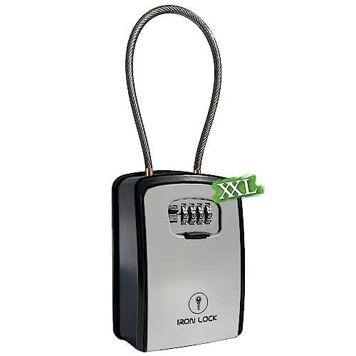 Iron Lock® XXL Key Lock Box Portable and Wall Mounted with Removable Cable Shackle Waterproof Indoor Outdoor 4 Digit Combo Resettable Code with A B Switch Extra Large Key Lockbox Outside Key Cabinets