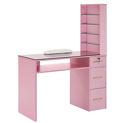 BarberPub Manicure Table with Drawers, Storage Shelves Spa Beauty Salon Station Nail Desk 2673 (Pink)