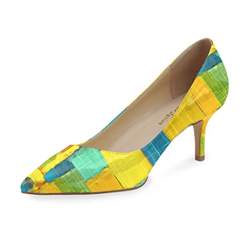 Women's Pumps/Yellow Plaid Printed Kitten Heels/Unique Ladies Closed Toe Dress Pumps Elegant Low Heels Shoes Size 9