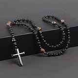 Tiger Eye Black Obsidian and Lava Rock Beads Hematite Cross Pendant Healing Crystal Triple Protection Necklace for Men Religious Faith Prayer Jewelry (A)