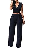 Pink Queen Women's Elegant V Neck Long Loose Belted Rompers Jumpsuits Black Large