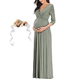 KIM S Maternity Dress Photoshoot Shoot Baby Shower Maxi Boho Fall Winter Christmas Pregnancy Clothes for Mommy to Be Cotton (Grey Green L)