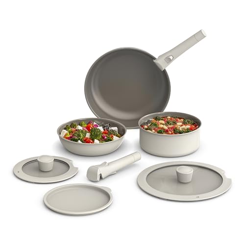 bella 8 Piece Cookware Set, Fits-anywhere™ Kitchenware w EverGood™ Ceramic Nonstick Coating​, Removable Handles, Dishwasher & Oven Safe, All Stovetops Compatible, Glass Lids w Silicone Rims, Oatmilk