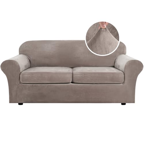 H.VERSAILTEX Real Velvet Plush 3 Piece Stretch Sofa Covers Couch Covers for 2 Cushion Couch Sofa Slipcovers Width Up to 90 Inch Feature Thick Soft Stay in Place (Large Sofa, Taupe)