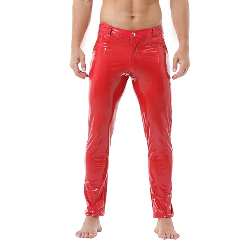 YOOBNG Mens Pu Leather Pants Shiny Activewear Leggings Straight Leg Faux Leather Pants Disco Casual Pants Bright Red