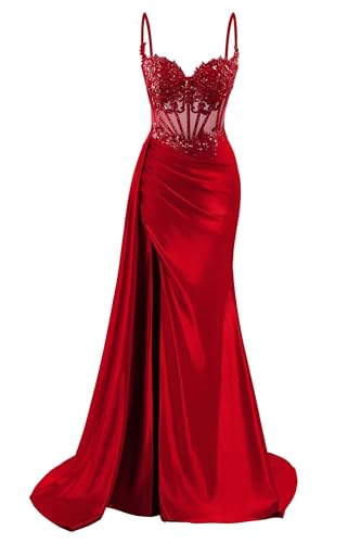 vintys Elegant Sequin Lace Prom Dresses for Teens Short with Slit Spaghetti Straps Satin Mermaid Red Sweetheart Formal Party Dresses 10