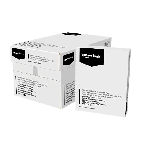 Amazon Basics 30% Recycled Multipurpose Copy Printer Paper, 8.5 x 11 Inches, 20 lb, 10 Ream, (5,000 Sheets), 92 Bright, White