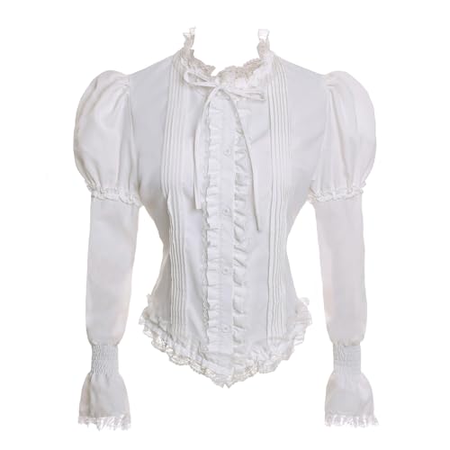 Vibsion White Victorian Blouse for Women Vintage Lace Ruffle Neck Puff Long Sleeve Shirt Tops Edwardian Blouses M