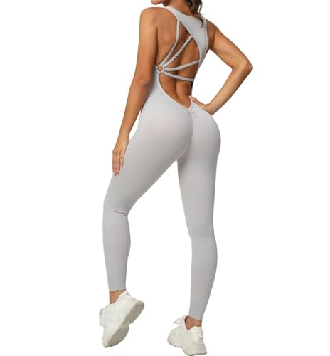 Qszmjo Cut Out Backless Workout Catsuit Bodysuit Women's One Piece Solid Yoga Jumpsuit V Neck Sport Unitard Rompers for Gym Tracksuit Fitness M