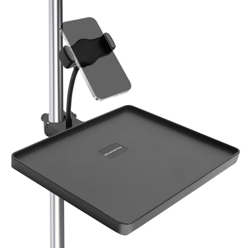 Universal Microphone Stand Tray Sound Card Holder w/phone holder, Adjustable Mic Clamp On Tube Shelf for Stage Live Stream Karaoke Recording Concert Studio (8.6 * 6.3inch)