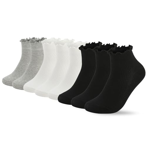 Fandecie Frilly Socks - 8 Pairs, Ruffle Ankle Socks for Girls & Women, Solid Color Lettuce Edge Comfort Breathable One Size 5-9, White, Black & Grey