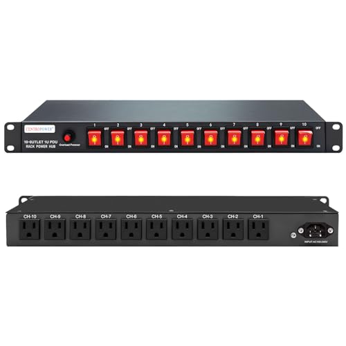 1U PDU Horizontal Rackmount Power Strip - Surge Protector 10 NEMA 5-15R Outlet 100V-240V/15A 1800 Joules, 10 Independent LED Switches, w/6 ft Cord, for Network Server, ETL Listed, by CENTROPOWER