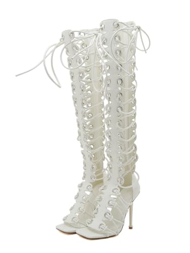 STUPMARY Women Peep Toe Sandals Cut-outs Cross-tied Lace Up High Heeled Gladiator Sandals Zipper Over The Knee Bootie Summer